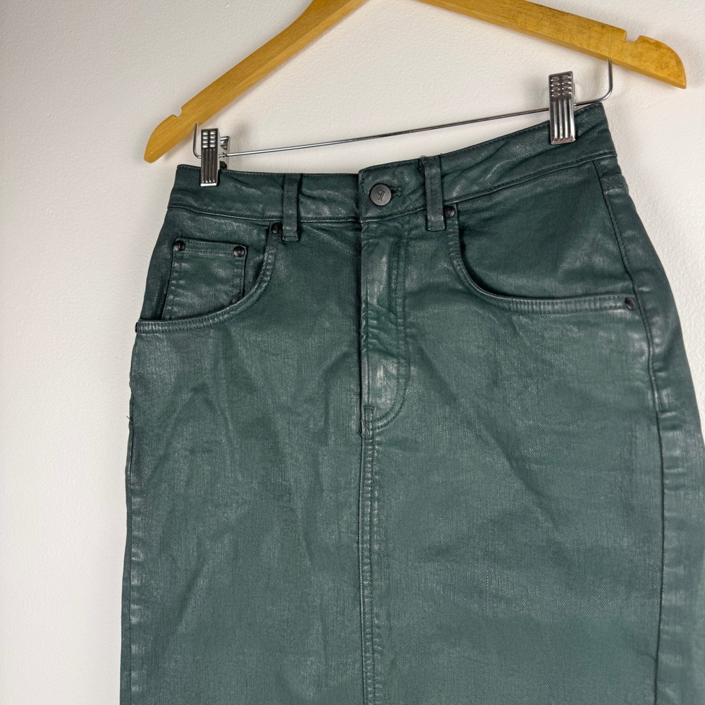 Pilcro Anthropologie Coated Denim Pencil Skirt Green Metallic High‎ Rise Size 4 - Picture 8 of 11